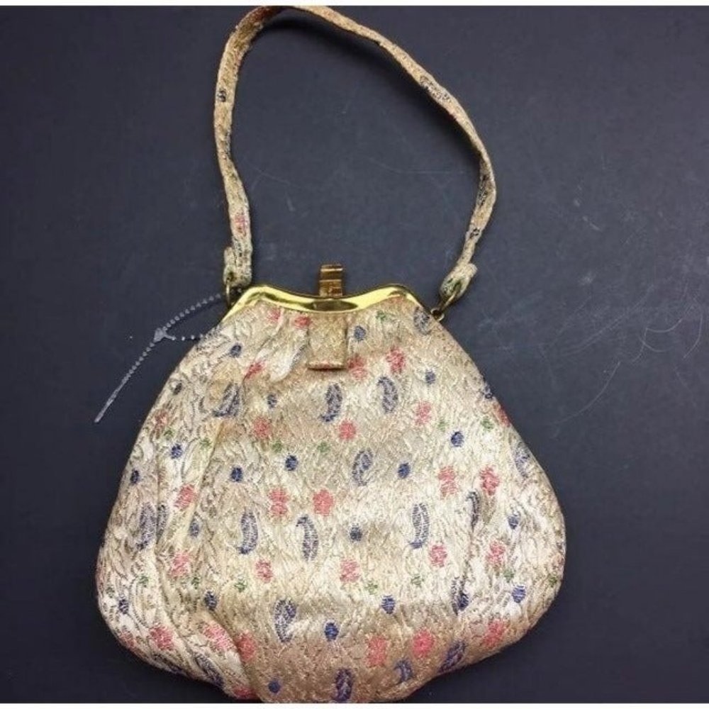 MM Brand Vintage Purse As Is Flower Gold Pink Blue Green Satin Kiss Snap Retro